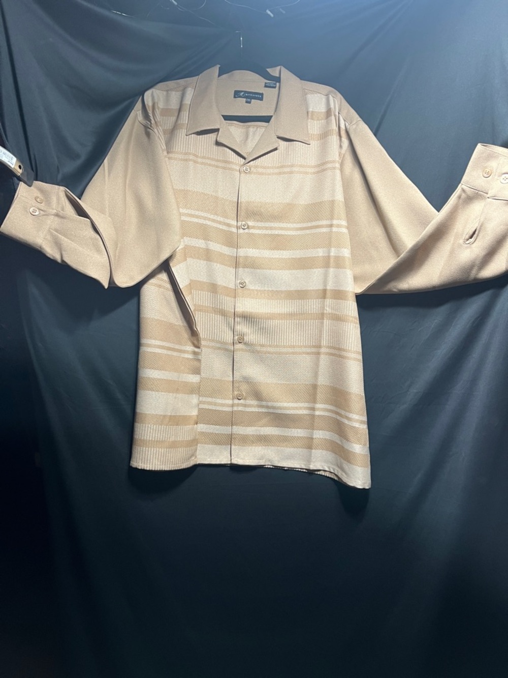Men's Beige Striped Button-Up Shirt Jacket.